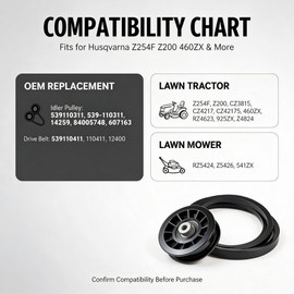539110311 & 539110411 Drive Idler Pulley and Drive Belt Kit Replacement for Husqvarna Z254F Z200 460ZX RZ4623 Lawn Mower Tractor - Replaces 607163 14259 84005748 12400