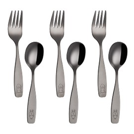 ANNOVA Kids Silverware Children's Safe Flatware Set Stainless Steel - Children Forks, Children Tablespoons, Toddler Utensils, Metal Cutlery Set for LunchBox (Black Gold, 6)