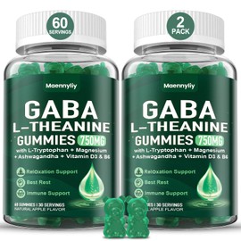 GABA L-Theanine Supplement Gummies for Adults - Extra Strength GABA 750 mg with L-Tryptophan, Ashwagandha, Magnesium, Vitamins D3 & B6 - Non-Habit Forming, Vegan- for Zzz Better, Relaxati0n & M00d