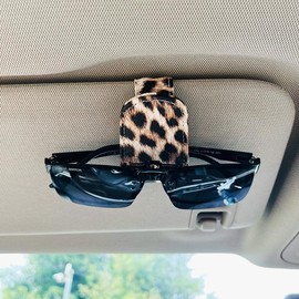 FLYEEGO Sunglass Holder for Car Visor, Cheetah Leopard Magnet Sunglasses Holder for car Leather Sunglasses Holder and Ticket Card Clip Car Visor Accessories