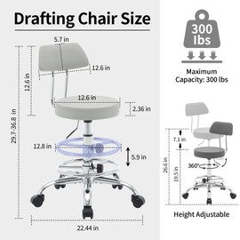 FIRAVOE Drafting Stool (Height Adjustable Office Chair with Footrest 19.5’’-26.6’’)(Drum Stool with Back) Space Saving Tattoo Chair (Gray)