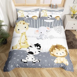 Castle Fairy Cute Animals Duvet Cover Kawaii Lion Bedding Set Zebra and Giraffe Comforter for Boys Girls Kids Room Decor Cartoon Elephant Bedspread Twin Size with 1 Pillow Case(No Comforter)