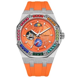DAXIAOYU Men Mechanical Watch Tourbillon Moon Phase Automatic Hand-Winding Wristwatch Silicone Strap Fashion Color Diamond Dial Casual Waterproof,Orange