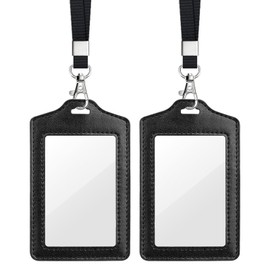 Teskyer 2 Pack Double Sided Clear Badge Holders - Faux Leather with Nylon Lanyard, ID Card Holder for Work/Oyster Card/Bus Pass, Business & Events, Vertical (Black)