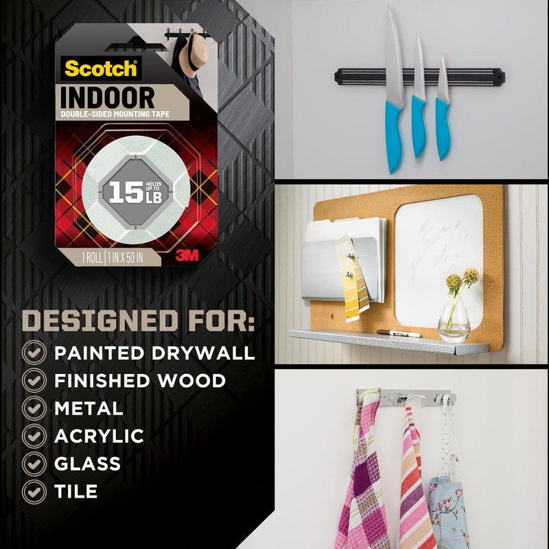 Scotch Indoor Double-Sided Mounting White Tape, 1/2 in x 80