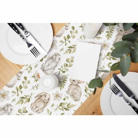 HOSNYE Table Runner Cute White Rabbits and Leaves,Cotton Linen Table Runner Decoration for Kitchen Family Dinner Table Holiday Party Farmhouse Style 13 x 72 Inch