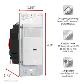 GE In-Wall Motion Sensor Light Switch, Motion Sensor Light Indoor Switch, Occupancy & Vacancy Options, Single Pole, 150 Degree 30ft Detection Zone, Custom Timer, 11927