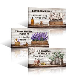 HOMEOART Bathroom Rules Wall Decor Farmhouse Bathroom Sign Toilet Rules Guest Bathroom Wall Art, Framed Art Pictures 8x16inchx3Pieces (Brown)