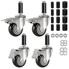 3 Inch Caster Wheels for Prep Table, Expanding Stem Casters with Dual Brake, Fit 7/8" to 1-5/8" Tube Leg Industrial Locking Wheels for Stainless Steel Table/Cart/Commercial Kitchen Appliances Leg