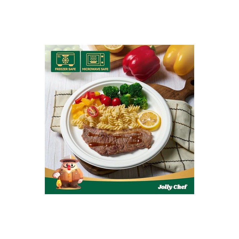 JOLLY CHEF 100% Compostable Paper Plates, 150 Pack 10 Inch