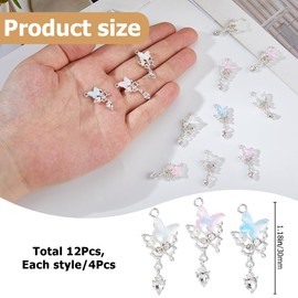 Hobbspring 12Pcs Crystal Glass Dangle Pendants 4 Colors Butterfly Alloy Charms Silver Tone Glass Butterfly Heart Charms for Jewelry Necklace Bracelets Earrings Making DIY Crafts