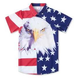 Little Boys Buttons Down Shirt for Kids 4th Fourth of July 3D Print Funny American Flag Collared Hawaiian Shirts Childrens Summer Cool T-Shirts Cute Navy Blue Patriotic Vacation Blouse, Size 7-8