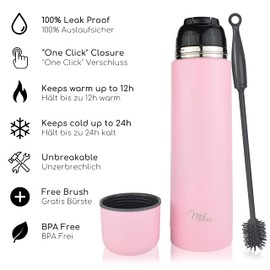Milu Thermos Flask, Thermos Jug, 1 L, 750 ml, 500 ml, Insulated Stainless Steel Drinking Bottle, 100% Leak-Proof, Double Wall Insulation (Pink, 750 ml)