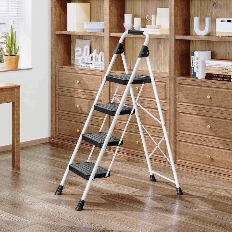 KINGRACK Sturdy Steel 4 Step Ladder, Folding Step Stool with
