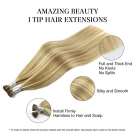 ABH AmazingBeauty Hair I Tip Hair Extensions Human Hair 14 Inch Ash Blonde Highlights Golden Blonde I Tip Hair Extensions Soft Straight I Tip Fusion Hair Extensions Remy Human Hair 50g 100strands