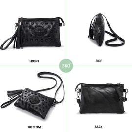 Kleine Umhängetasche Handtasche für Damen Quaste Nieten Clutch Abendtasche Weich Leder Schwarz
