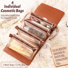 VNIMTI Travel Makeup Bag, Toiletry Bag for Women, PU Leather Cosmetic Bag with Dividers, Large Make Up Bag, Travel Essentials Organizer Bag, Ideal Gifts (PU-Brown)