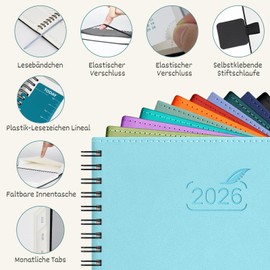 BEZEND Calendar 2026 Book Calendar A5 Ring Binder 1 Week 2 Pages Diary 2026 Weekly Planner with 80 g/m² Paper & Monthly Index Planner & Appointment Calendar with PU Leather Soft Cover - Sky Blue