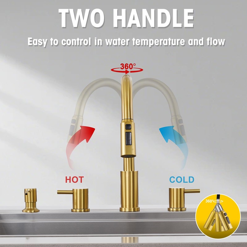 Tohlar 4 Hole Kitchen Faucet, Brushed Gold Kitchen Faucet with
