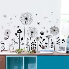 RAINBOW WSK Black Flower Wall Decals Peel and Stick Simple Boho Flower Wall Sticker Wildflower Plants Dandelion Wall Decor Removable Vinyl Wall Mural for Girl Room Bedroom Living Room Home ZSZ1197