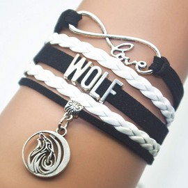 HHHbeauty Wolf Bracelet Jewelry Leather Infinity Love Wolf Gifts Wolf Jewelry Bracelet Gifts For Party, Wolf Lovers, Wolf Themed Gifts (Black and White)