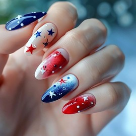 4th of July Press on Nails Medium Length Almond Fake Nails Red Blue Star Design Full Cover Reusable Independence Day Patriotic Glue on Nails Decoration for Women Holiday Salon Nail Decoration