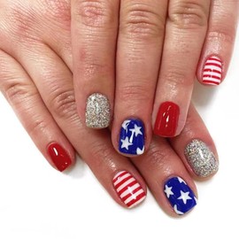 Five-Pointed Star Press on Nails Short Square Independence Day Fake Nails with Silver Glitter Design 4th of July Glue on False Nail Patriotic Red Blue Artificial Stick on Nail for Women Girls 24Pcs