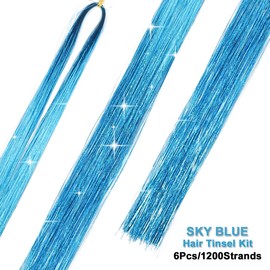 USHUIUS Hair Tinsel Kit With Tools 6Pcs 1200 Strands Tinsel Hair Extensions Fairy Hair Tinsel Heat Resistant Glitter Hair Extensions Sparkling Shiny Hair Tensile for Women (Sky Blue)