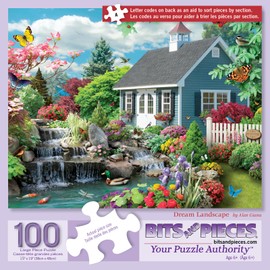 Bits and Pieces 100 Piece Jigsaw Puzzle for Adults Dream Landscape - Spring Flowers Birds Jigsaw Puzzle by Alan Giana, Completed Puzzle Size: 15" x 19"