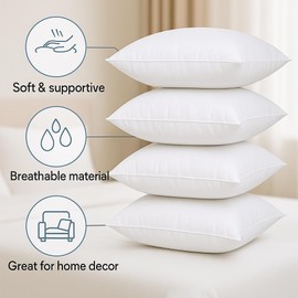 Casafoyer Throw Pillow Inserts, Set of 4 Lightweight Down Alternative Polyester Pillow, Couch Cushion, Sham Stuffer, Machine Washable. (White, 18x18)