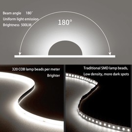MDee】COB LED Strip Lights 6000K Cold White USB Powered 5V Flexible LED Tape Lights with USB Connector CRI 90+ 800LM/m 320LEDs/m for Indoor and Outdoor Décor（6000K Cold White 1.64ft/0.5m）