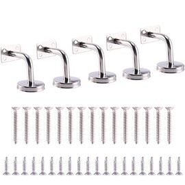 Homend Stainless Steel Wall Mount Stair Handrail Brackets w/Base Flange Cover for Wood or Metal Round Top Railing, Satin Finish, 5-Pack (for Square Tubing)