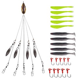 Owemtao Alabama Rig Kit 5 Arms Alabama Umbrella Rig Bass Fishing Kit a Rig Fishing Lures Bait Rigs with Pre-Rigged Paddle Tail Swimbaits Boat Trolling Willow Blade Multi-Lure Rig (Type B)