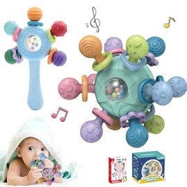 2PCS Sonajero Masticar Juguetes, Juguete Montessori para Dientes y Encías, Libre de BPA, Juguetes Sensoriales de Manhattan para Niños, Regalos para Cumpleaños, Navidad