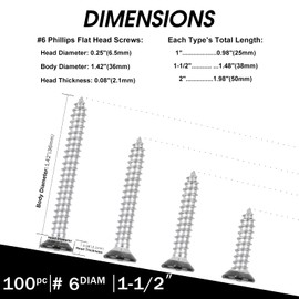 Black Head 100 PCS #6X1-1/2(1.5 inch) Stainless Steel Phillips Flat Head Wood Screws,Stainless Steel 18-8 A2(304) Screw,Home Screw Kit by QISHENG
