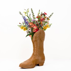 Rustic Cowboy Boot Vase with Embroidered Detailing for Flowers & Decor Coastal cowgirl - cowboy decor - cowboy boot centerpieces for tables - Cowgirl Aesthetic - Cowgirl Decor for Home (Brown)