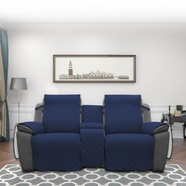 Easy-Going Loveseat Recliner Cover with Console, Reversible Couch Cover for Living Room, Split Sofa Cover for Each Seat with Elastic Straps for Kids, Dogs, Pets(2 Seater, Navy/Ivory)