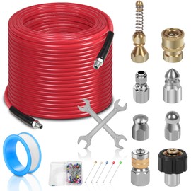 50FT Sewer Jetter Kit for Pressure Washer, 1/4''NPT Drain Cleaner Hose 5800PSI, Pressure Washer Cleaning Kit with Corner Rotating Button Sewer Jetting Nozzles, Quick Connect Set