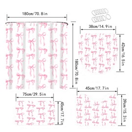 TKNOUS 4 Pcs Pink Bow Shower Curtain Set with Non-Slip Rugs, Toilet Lid Cover and Bath Mat, Coquette Bow Romantic Aesthetic Bathroom Curtain with 12 Hooks Gifts for Women