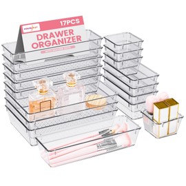 HOUSE DAY Makeup Drawer Organizer Trays 17 PCS, 4-Size Clear Drawer Organizers with Silicone Pads, Vanity Organizers and Storage, Non Slip Plastic Drawer Organizer for Desk, Bathroom, Kitchen, Office