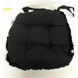 Set of 4 Luxury Jumbo Twill Chair Pads Extra Deep Thick Seat Cushions Vintage Ruffle 100% Cotton Cover in Various Colours (Black)
