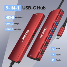USB C Hub, Acodot 9 in 1 USB C to 4K@60HZ HDMI Multiport Adapter, 3 USB 3.0 Ports, SD/TF Card Reader, 100W PD, USB C Hub Multiport Adapter Desigend for MacBook Pro Air HP XPS etc, Red