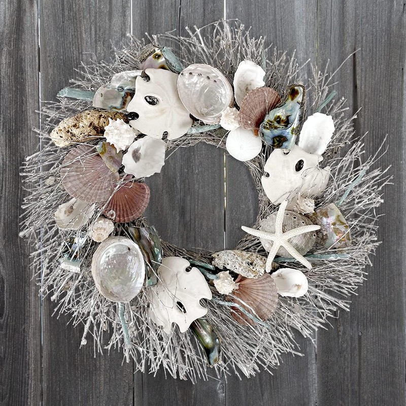 ANDALUCA Summer Seashell 20in Coastal Wreath Natural Abalone, Sand Dollar,