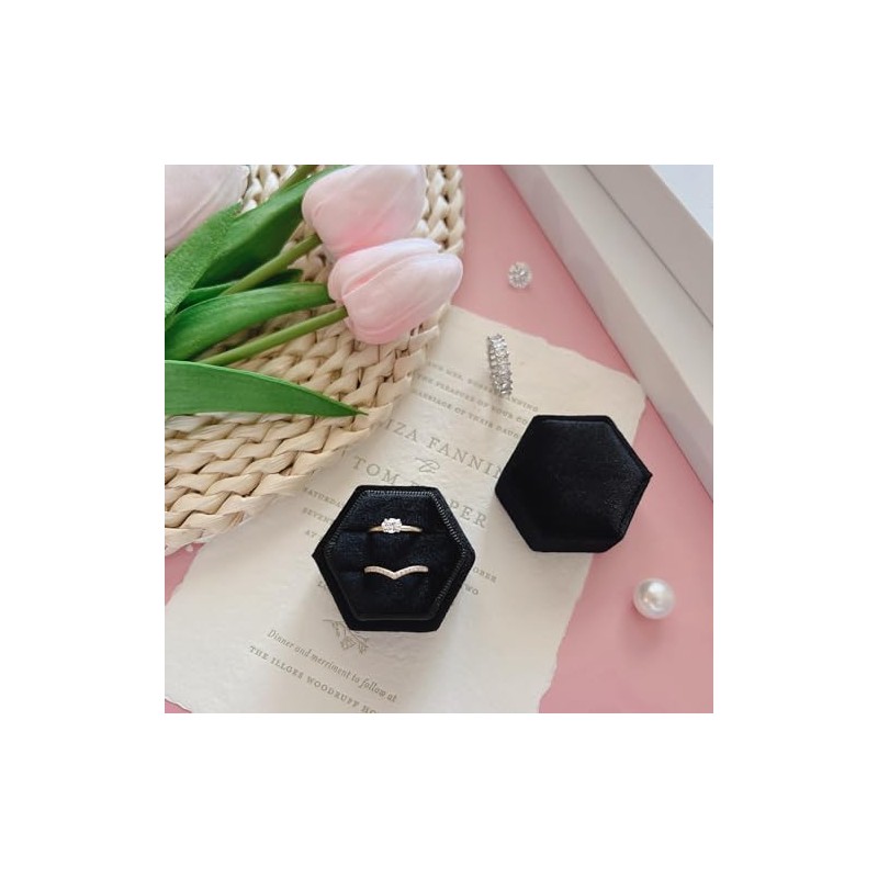 Caja de anillos de terciopelo hexagonal de 2 ranuras para