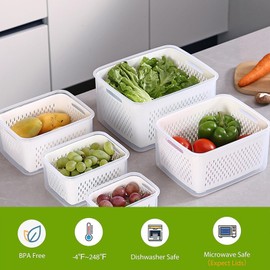 Yuehuam 4 Pack Fruit Storage Containers for Fridge - 4 Size Food Storage Containers for Refrigerator Organizers Bins with Colander Set Airtight Food Storage Containers for Fruits, Vegetables