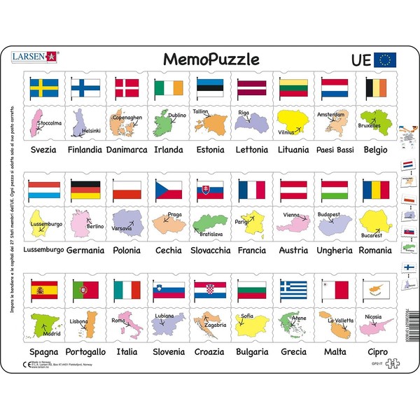 Larsen GP2 MemoPuzzle: Nomi, Bandiere e Capitali dei 27 Stati Membri dell'UE, Edizione Italiano, Puzzle Incorniciato con 54 Pezzi