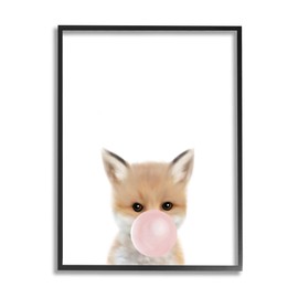 Stupell Industries Baby Red Fox with Pink Bubble Gum Woodland Animal, Design by Leah Straatsma Black Framed Wall Art, 11 x 14, White