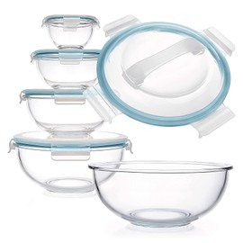 Luvan Glass Mixing Bowl with Lids Set of 5(0.2QT, 0.5QT, 1.1QT, 2.1QT, 3.75 QT), Space-Saving Nesting Bowls Anti-slip Salad Bowls for Storage, Cooking, Microwave,Freezer,Oven and Dishwasher Safe