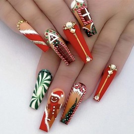 TBRZTR Christmas Press on Nails Long Cute Gingerbread Man False Nails with Rhinestones Stripe Design Full Cover Glue on Nails Xmas Acrylic Nails DIY Stick on Nails for Women Festival Nails 24Pcs