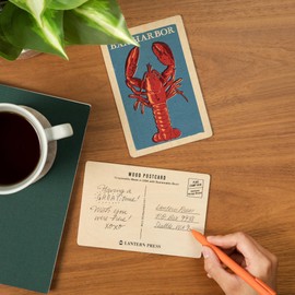 Acadia National Park, Maine, Lobster, Woodblock (4x6 Birch Wood Postcards, 2-Pack Stationary, Rustic Home Wall Decor)